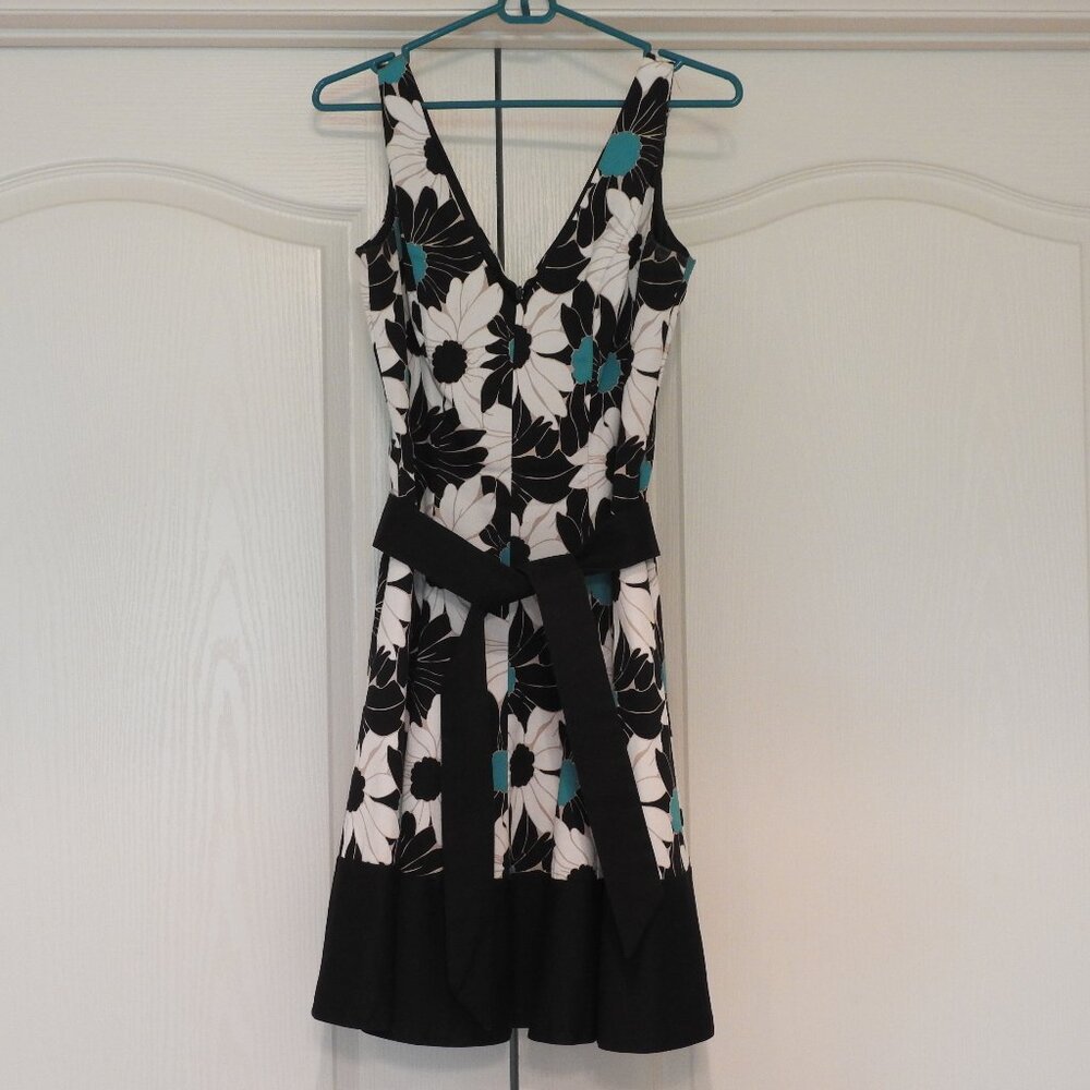 Nine West Sundress with V-Neck, Contrast Border, Black White Turquoise, Size 2P
